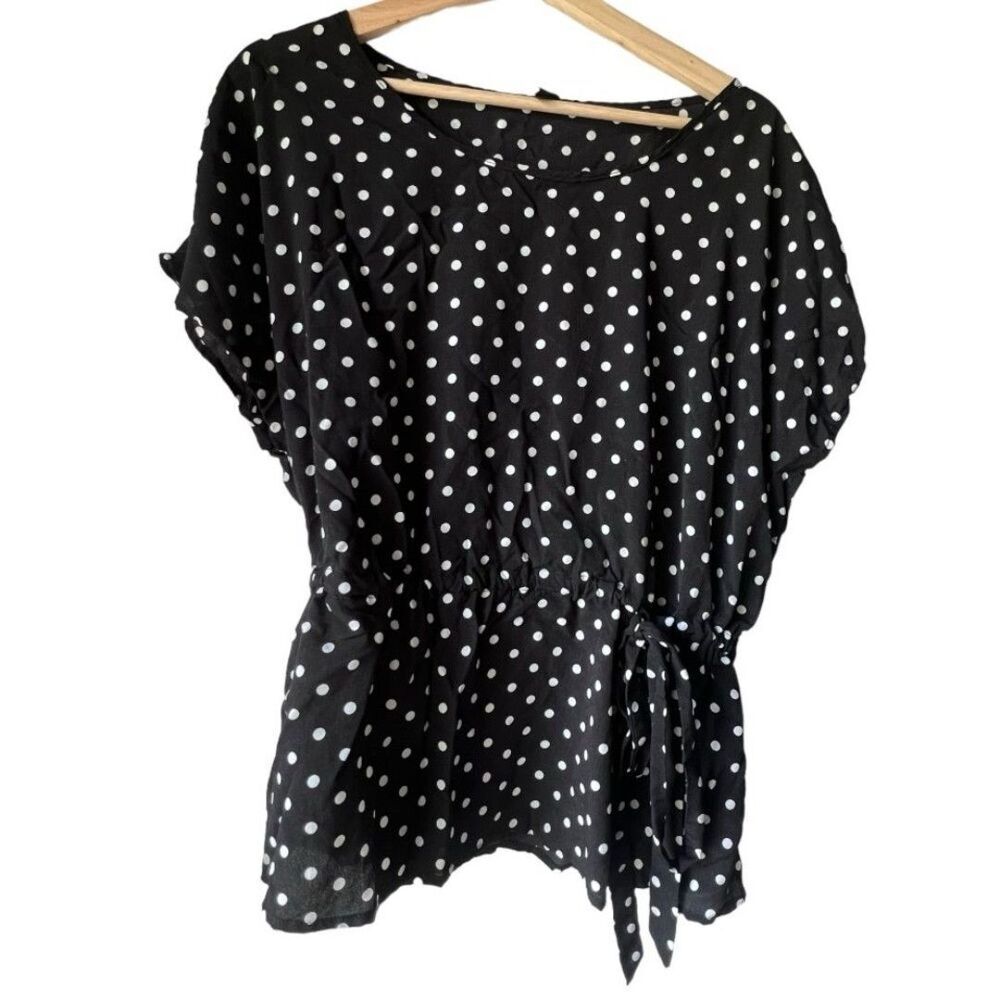 Women's black polka dot black casual fresh tie elegant blouse plus size 2XL.
